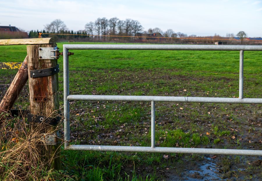 Tube farm gate hung on a braced hinge post at a ranch entrance with a header